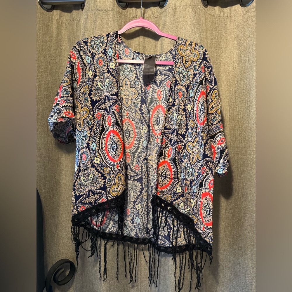 Moon Collection Paisley Fringe Open-Front Kimono Cardigan